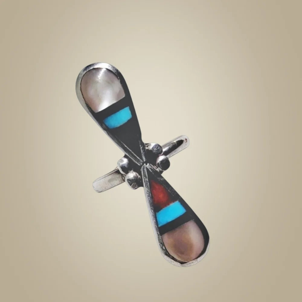 Zuni Sterling Silver Inlay Ring w/MOP, Coral, Turquoise & Onyx – Size 5.25